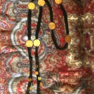 Long Blk Multi Strand Necklace w/Gold Medallions